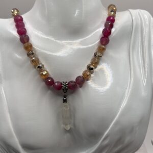 Pink cottage core and quartz pendant necklace