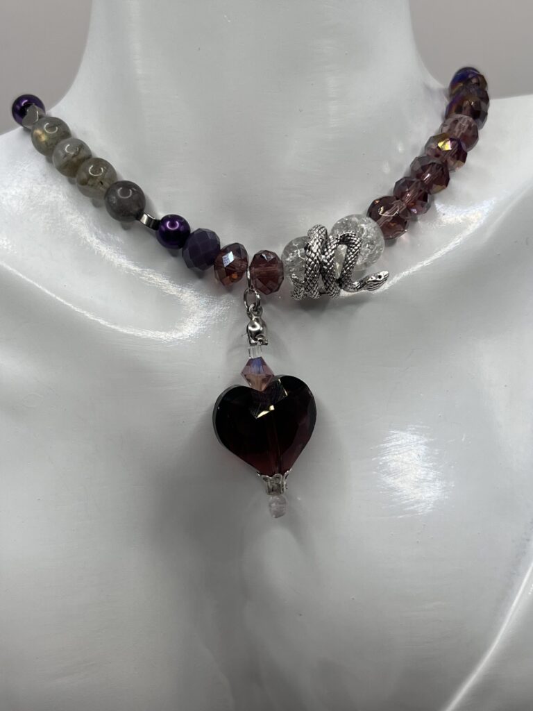 Crystal heart drop and Labradorite Necklace deep Purple Hues