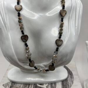 Shell Hearts, black onyx, and labradorite crystal necklace